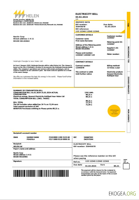 Modèle de facture de services publics d'entreprise Finlande HELEN aux formats Word et PDF